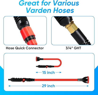 2 in 1 Bendable Watering Wand Heavy Duty, for Garden/Car Use with 10 Spray Patterns, 29In Long Hose Nozzle Sprayer,Fits 3/4” Quick Coupling/Garden Hoses