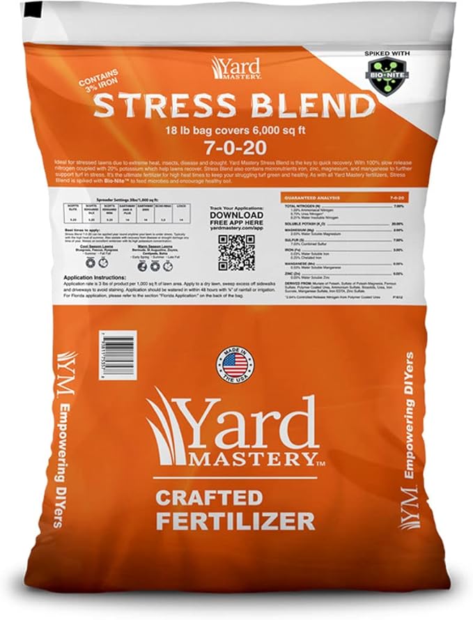 7-0-20 Summer Lawn and Turf Stress Granular Fertilizer Blend with Bio-Nite™ (18lb Bag - Covers 6,000 Square Feet) with 7% Nitrogen, 3% Iron & 20% Potash - Safe for All Lawns - Apply All Year Round