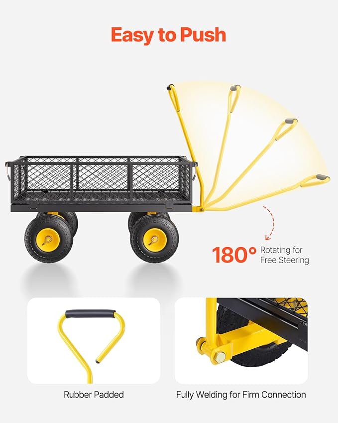 VEVOR 900 Lbs Heavy Duty Steel Garden Cart, Garden Wagon Cart on Wheels, Outdoor Metal Yard Utility Wagon Carts with 10" Tires and Mesh Removable Sides(Convert to Flatbed) and 180°Rotating Handle