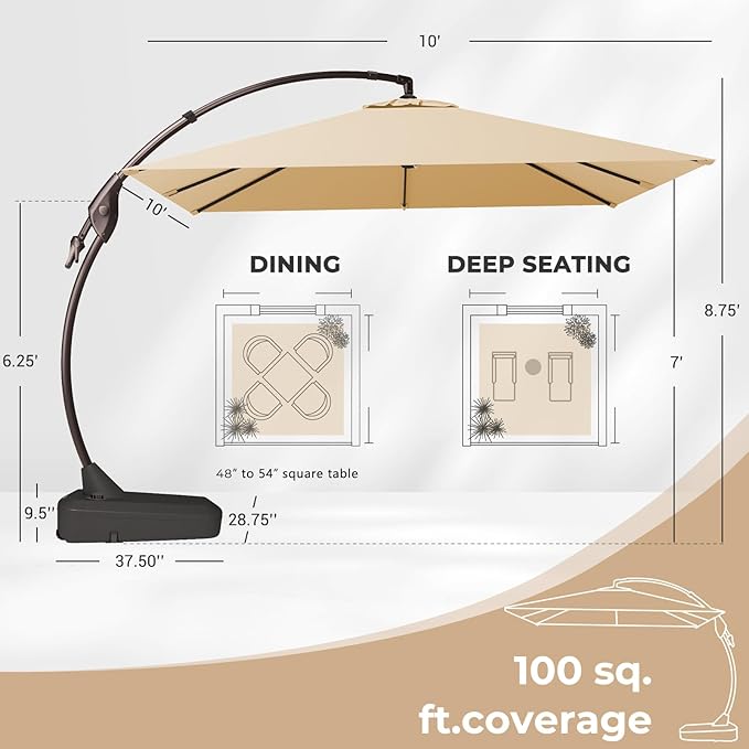 Grand patio 10X10 FT Sunbrella Offset Umbrella with Base Outdoor Square Aluminum Hanging Cantilever Umbrella with Easy Tilt Adjustment (Flax, 10X10 FT-SUNBRELLA)