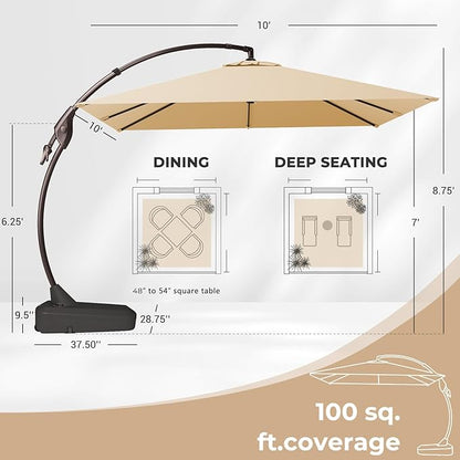Grand patio 10X10 FT Sunbrella Offset Umbrella with Base Outdoor Square Aluminum Hanging Cantilever Umbrella with Easy Tilt Adjustment (Flax, 10X10 FT-SUNBRELLA)