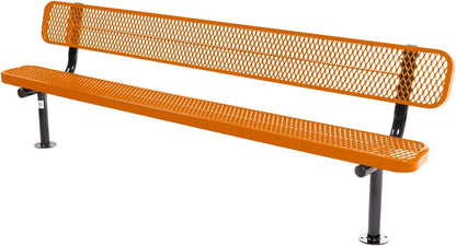 Heavy-Duty Outdoor Bench Thermoplastic Coated, Expanded Metal, Commercial-Grade Seating, Made in America (Surface with Back, 8 Ft, Textured Orange)
