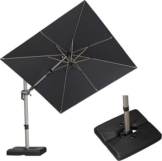 PURPLE LEAF 8' X 8' Left-right Tilting Patio Umbrella with Base Outdoor Swivel Cantilever Offset Aluminum Umbrella with Champagne Frame and 360-degree Rotation for Garden Deck Pool, Grey