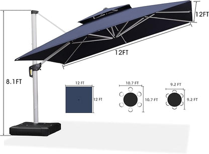 PURPLE LEAF 12 FT Cantilever Patio Umbrellas with Base Included, Large Square Offset Umbrella with 360° Rotation, Outdoor Aluminum Pool Umbrella for Pool Lawn Garden, Navy Blue