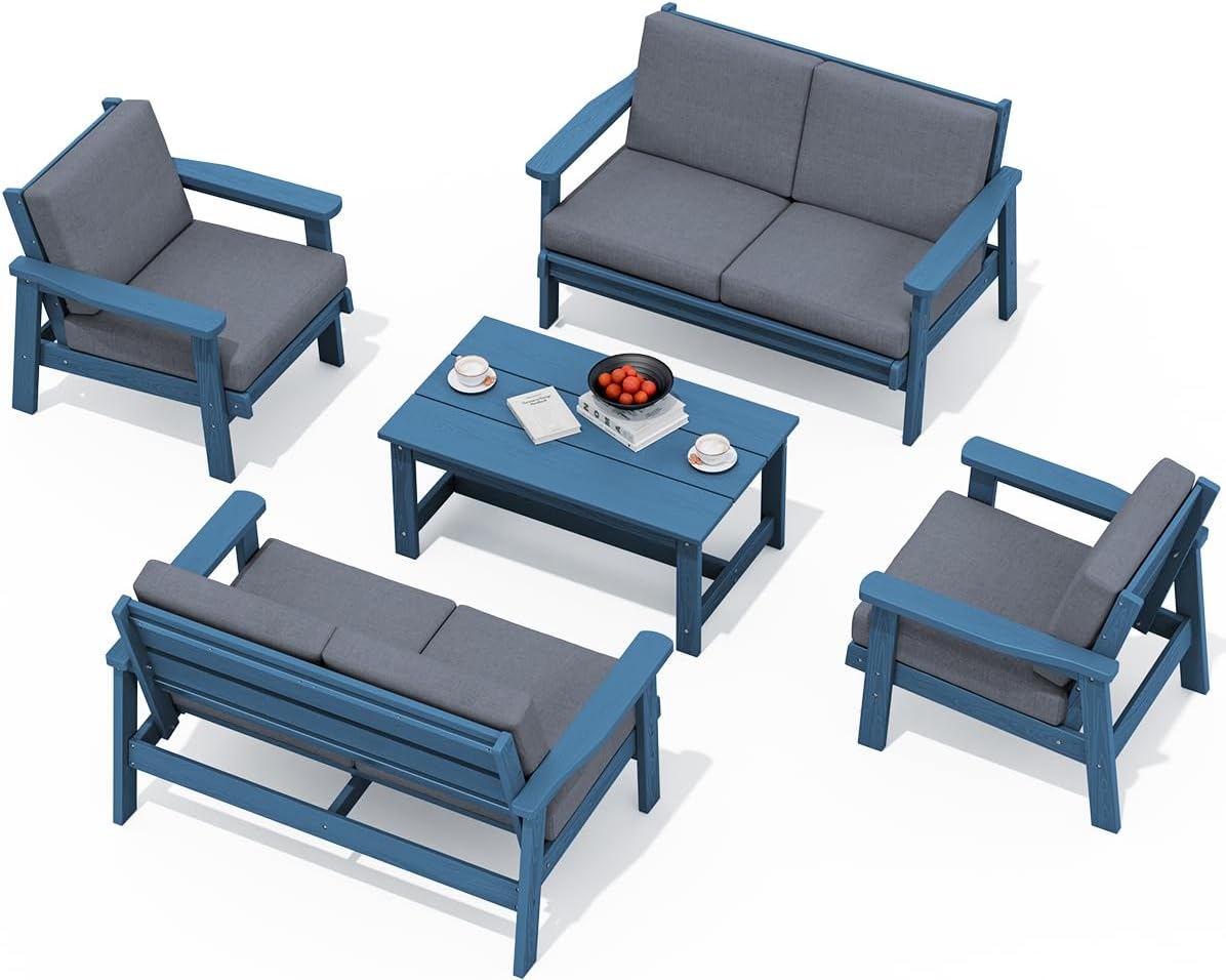 SERWALL HDPE Patio Furniture Set, 5 Piece All Weather Wood-Like Sectional Outdoor Furniture Set, Blue Patio Sofa Couch with Grey Cushions for Deck, Lawn