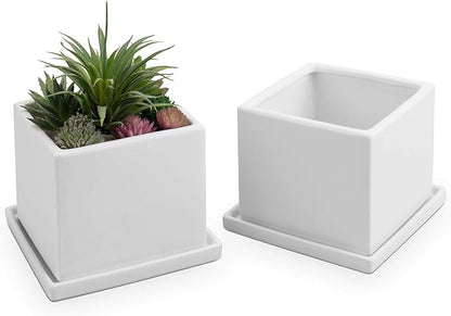MyGift Modern White Ceramic Small Plant Pot, Decorative Square Flower Succulent Planter, Set of 2