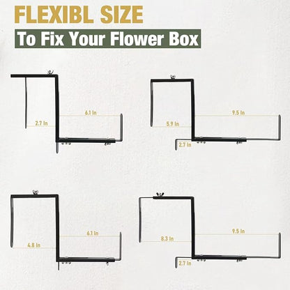 2-Pack Adjustable Planter Box Brackets, Heavy Duty Q235 Steel, Black, Universal Outdoor Hanging Brackets, Flower Box Brackets for Fence Railings, Windowsill, Patio, Garden, Balcony
