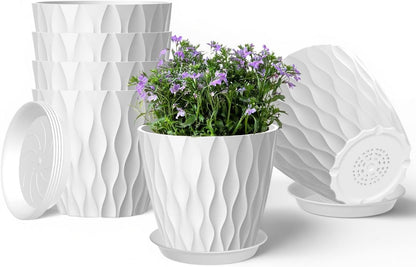 6 Pack 7 Inch Plant Pots with Drainage and Saucers, White Plastic Flower Pots for Indoor and Outdoor Plants, Stackable Nursery Planters for Houseplants and Herbs, White
