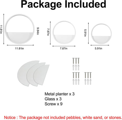 3 Pack Set Wall Planters,Modern Round Glass Wall Planter Succulent Planter Circle Iron Hanging Planter Vase for Herb,Small Cactus Perfect for Balcony, Room and Patio Decor (White)