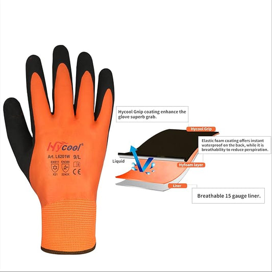 Waterproof Work Gloves for Men and Women, Hycool Thermal Insulated Freezer Rubber Coated Gloves,Super Grip L6201