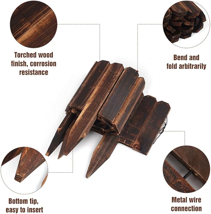 4 Pack Garden Wooden Fence Anti-Corrosive Outdoor Landscape Edging Flexible Decorative Border for Garden Yard Flower Tree Fence - 7.9'' H x 47'' L