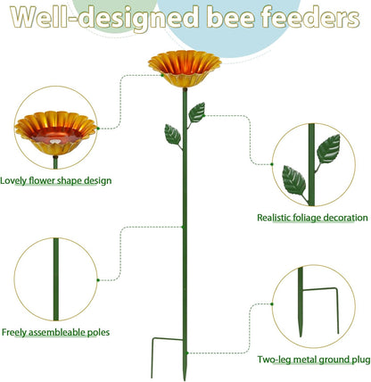 Large Bee Watering Station 2 Pack - Bee Bath for Garden Metal Butterfly Feeders Bowl with 5.32'' Flower Design Bird Bath for Outside Outdoors Garden Decor (Blue,Yellow)