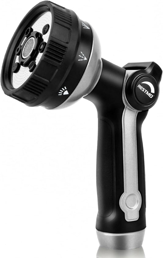 RESTMO Full Shower Hose Nozzle, Metal Spray Nozzle for Garden Hose, 8 Spray Patterns, Water Hose nozzle with Thumb Control, Ideal for Outdoor Lawn & Plant Watering, Car & Pet Washing, Silver