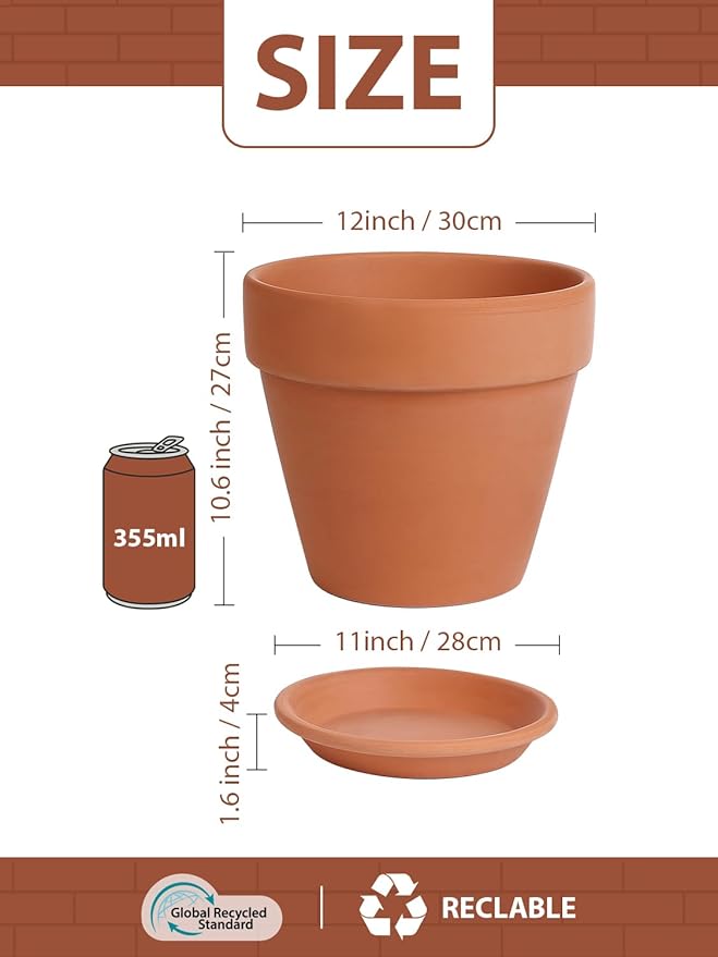 INGOFIN 12 Inch Terracotta Pot Set of 2 with Saucer - Ceramic Clay Pot for Plants with Drainage Hole, Large Terra Cotta Flower Planter with Tray for Indoor Outdoor Plants