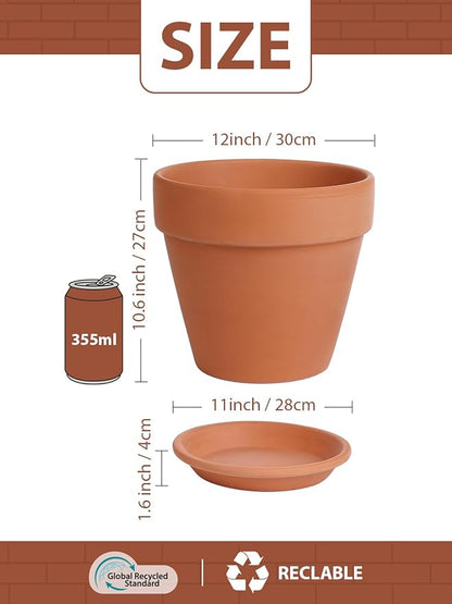 INGOFIN 12 Inch Terracotta Pot Set of 2 with Saucer - Ceramic Clay Pot for Plants with Drainage Hole, Large Terra Cotta Flower Planter with Tray for Indoor Outdoor Plants