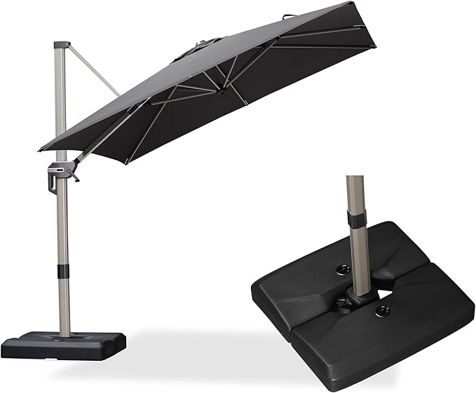 PURPLE LEAF Patio Umbrella with Base Included, 8ft Outdoor Aluminum Cantilever Umbrella with 360° Rotation, Champagne Offset Umbrella for Outdoor Garden Pool, Grey