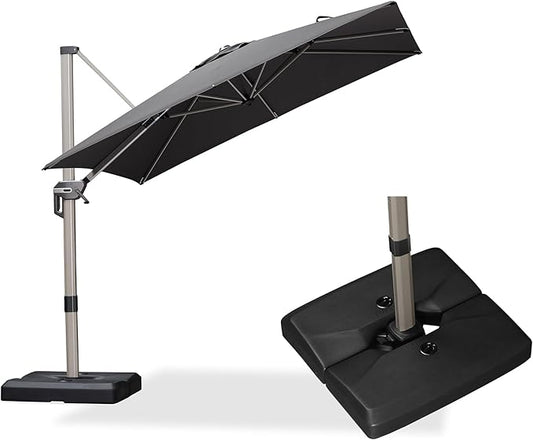 PURPLE LEAF Patio Umbrella with Base Included, 8ft Outdoor Aluminum Cantilever Umbrella with 360° Rotation, Champagne Offset Umbrella for Outdoor Garden Pool, Grey