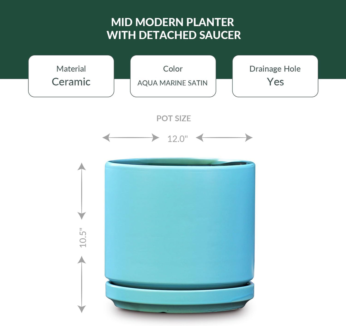Ceramic Mid Modern Planter Pots with Detached Saucer - Indoor/Outdoor Plant Pots with Drainage Hole