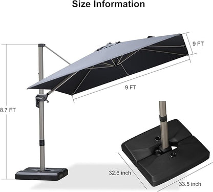PURPLE LEAF Patio Umbrella with Base Included, 9ft Outdoor Aluminum Cantilever Umbrella with 360° Rotation, Aluminum Large Offset Umbrella for Outdoor Garden Pool, Grey
