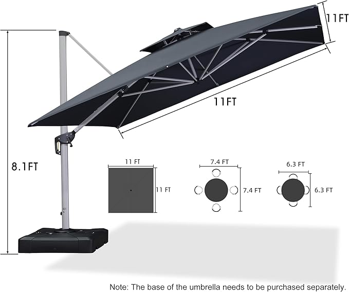 PURPLE LEAF 11 Feet Double Top Deluxe Square Patio Umbrella Offset Hanging Umbrella Cantilever Outdoor Market Umbrella Garden, Grey