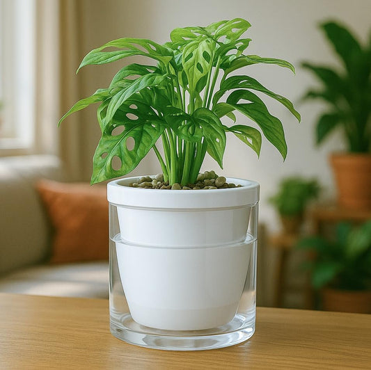 D'vine Dev 6 Inch Design Self Watering Planter for Indoor Plants, White Terracotta Pots with Cylinder Glass Cup, 37-X-B-2