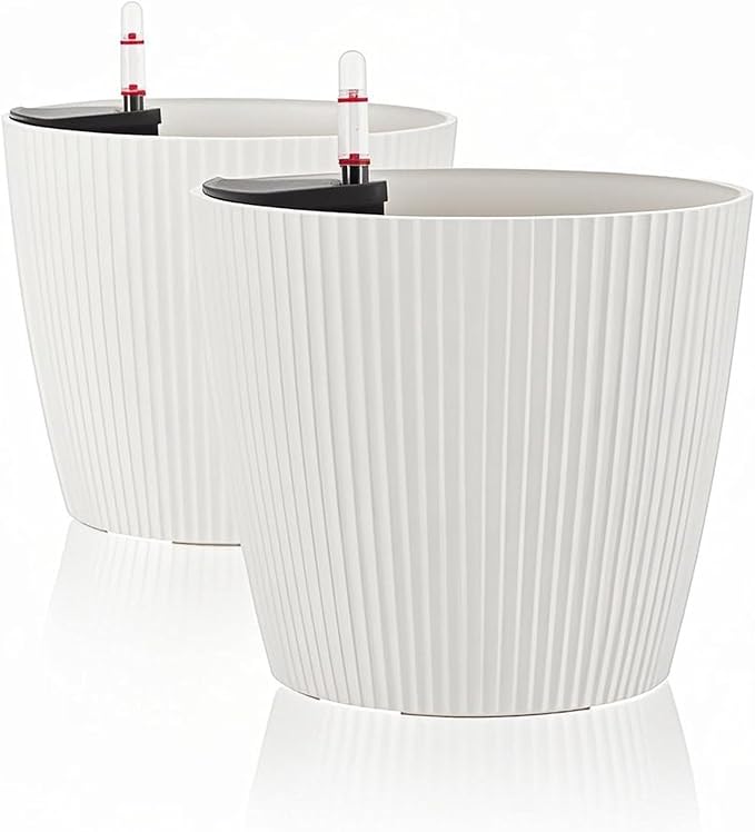 Dexceder 9x8 Self Watering Planters Indoor, Inner Mat Design, Table Flower Plant Pot with Water Level Indicator (2 Pack, White)