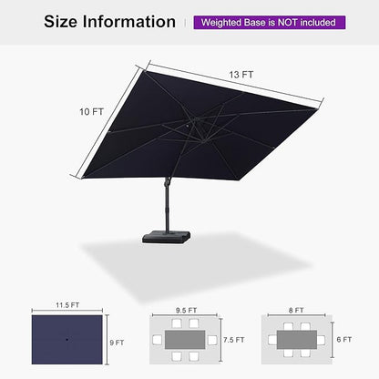 PURPLE LEAF 10' × 13' Patio Cantilever Umbrella Outdoor Rectangle Adjustable Offset Umbrellas with 360-degree Rotation and 8 Heavy Duty Metal Ribs for Garden Deck Pool Navy Blue