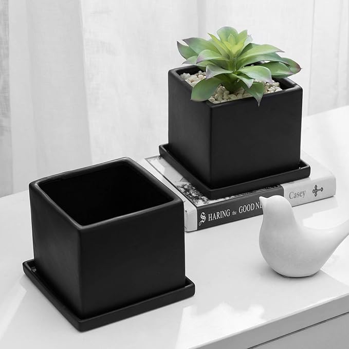 MyGift Modern Black Ceramic Small Plant Pot, Decorative Square Flower Succulent Planter, Set of 2