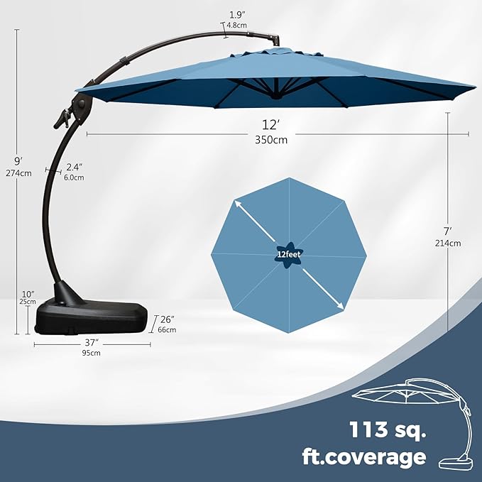 Grand patio 12 FT Sunbrella Outdoor Cantilever Umbrella with Base Patio Large Aluminum Offset Umbrella for Deck Yard (Sapphire Blue-SUNBRELLA, 12 FT)
