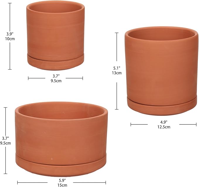 Briful 3 PCS Shallow Terracotta Pots Plant Pots Clay Pottery Planter in Different Sizes with Drainage Hole and Saucer Cactus Succulent Flower Nursery Pots- Great for Plants,Crafts