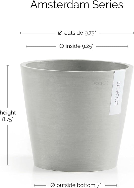 Ecopots Amsterdam Durable Modern Round Indoor/Outdoor Recycled-Based Composite Flower Pot Planter, White Grey, 10"