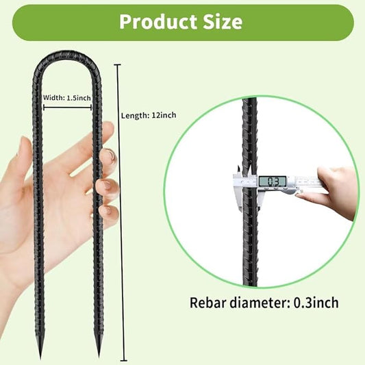 Ground-Stakes-Heavy-Duty-12 inch, U-Hook Rebar Stakes Black Coated Anti-Rust 16pcs Garden Stakes Metal Ground Anchors for Garden Dog Fence Chicken Coop Christmas Decorations Deer Fence