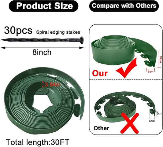 Landscape Edging,33FT Garden Edging Borders [Extra Tall 4IN High] Flexible Lawn Edging Kit with 30pcs Stakes,Mini Plastic Fence for Yard Flowerbeds,Grass-Green
