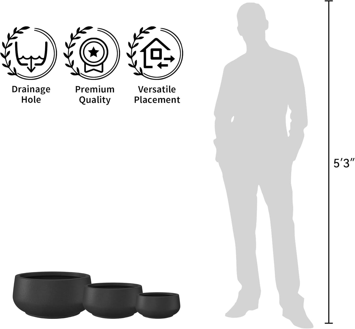 Kante 12.5" Dia Round Concrete Bonsai Planters, Outdoor Indoor Garden Plant Pot with Drainage Hole for Home, Patio, Garden, Black