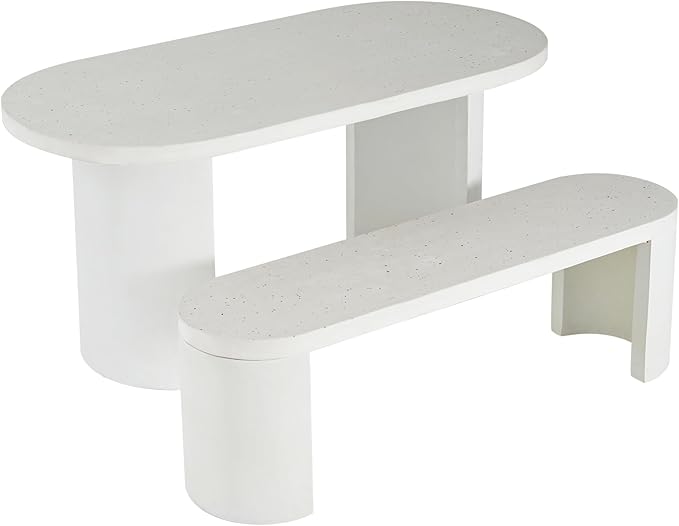 Christopher Knight Home Zigg Durable Concrete Outdoor Dining Set with Stylish Terrazzo Finish, Patio Dining Table with Bench, Oval Outdoor Patio Furniture Set with Pedestal Base, White