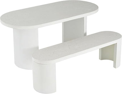 Christopher Knight Home Zigg Durable Concrete Outdoor Dining Set with Stylish Terrazzo Finish, Patio Dining Table with Bench, Oval Outdoor Patio Furniture Set with Pedestal Base, White