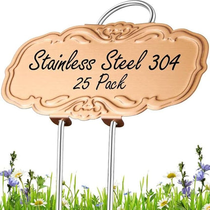Updated Metal Plant Labels for Garden, 25 Pack Stainless Steel DIY Plant Markers Waterproof for Flowers Pots, Vegetables, Seedlings, Seed (Gold Rose)