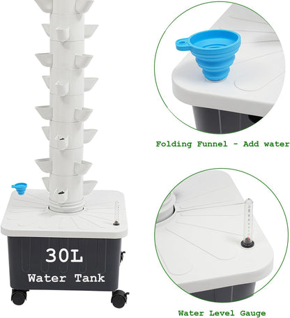 15-Tier Hydroponic Growing Tower, 45-Plant Vertical Garden Kit with Water Pump, Hydroponics Tower Growing System with 4 Wheels for Herbs, Vegetables, Strawberries (White)