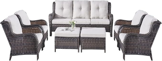 Rilyson Wicker Patio Furniture Set - 7 Piece Rattan Outdoor Sectional Conversation Sets with 1 Sofa,4 Armrest Chairs and 2 Ottomans for Porch Deck Garden(Brown/Beige)