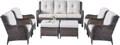 Rilyson Wicker Patio Furniture Set - 7 Piece Rattan Outdoor Sectional Conversation Sets with 1 Sofa,4 Armrest Chairs and 2 Ottomans for Porch Deck Garden(Brown/Beige)