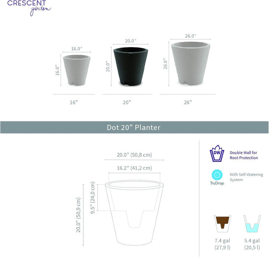 Crescent Garden Dot TruDrop Indoor/Outdoor Planter, Self-Watering Plant Pot, 20 Inches, (Caviar Black)