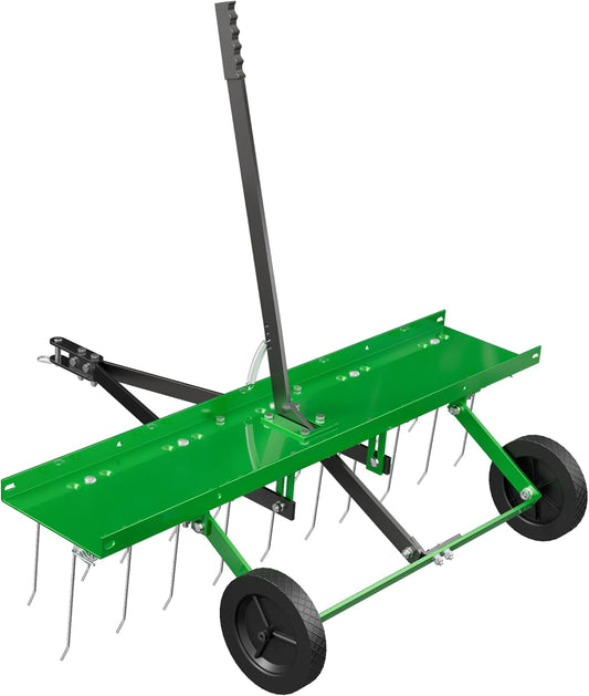 48 Inch Green Tow Dethatcher with 24 Spring Steel Tines, Pull Behind Dethatcher for Outdoor Yard Care, Garden Farm Grass Tractor Rake to Remove Thatch, Leaves and Needles from Large Lawn Areas