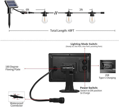 SUNTHIN Outdoor Solar String Lights, 48ft Solar Patio Lights with USB Rechargeable, Waterproof & Shatterproof Solar Powered Bulbs for Yard, Porch, Garden, Pool, Party, Camping