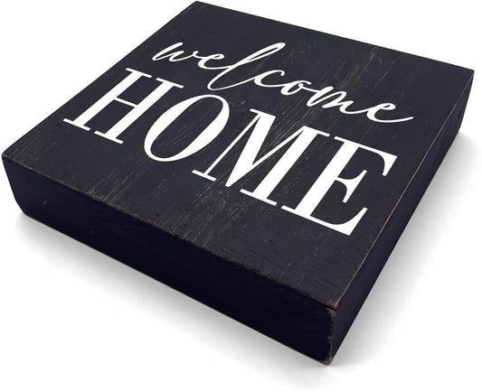 HTBIG Welcome Home Sign Home Decor Desk Decor Wooden Box Sign Rustic Black Wood Block Plaque Box Sign for Women Family Friends Farmhouse Living Room Kitchen Bedroom Shelf Table Decoration