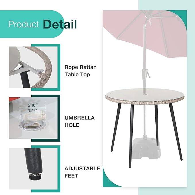 Patiorama 5-Piece Patio Dining Set, Outdoor Dining Table Chair Set, All-Weather Twisted Rattan Wicker Rope Conversation Set, Patio Furniture Set w/Umbrella Hole, 4 Cushioned Chairs&Glass Table(Tan)