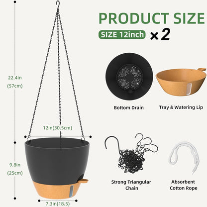ZMTECH 12 Inch Hanging Planters for Indoor Outdoor Plants, 2 Pack Self Watering Hanging Plant Pots with Drainage Hole, Visual Reservoir, Plastic Flower Hanging Pots with Watering Lip (Black)