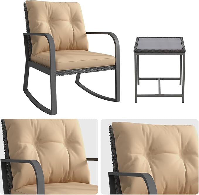 Bistro 3 Piece Patio Furniture Set, Patio Table and Rattan Outdoor Rocking Chairs Set of 2, Outdoor Bistro Conversation Set for Garden, Balcony, Poolside, Backyard, Khaki