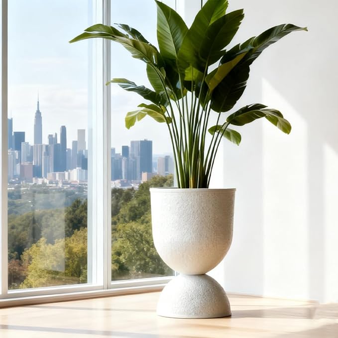 Lookat Modern Hourglass Planter, Indoor Decorative Plastic Plant Container, Textured Metal Look, Contemporary Home Garden Pot (Beige, CUP001)