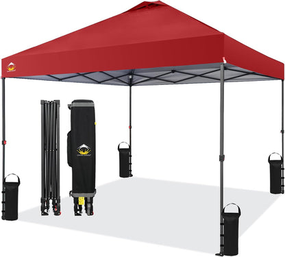 CROWN SHADES 10x10 Pop Up Canopy Tent - Patented Center Lock One Push Instant Outdoor Canopy Beach Tent with STO-N-Go Bag 8 Stakes & 4 Sand Bags，Red