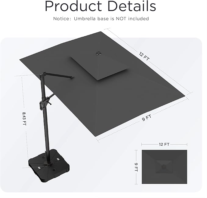 9' X 12' Cantilever Patio Umbrella 360°Rotation Rectangular Outdoor Large Offset Umbrellas Double Top Heavy Duty Windproof for Garden Deck Pool Backyard, Grey